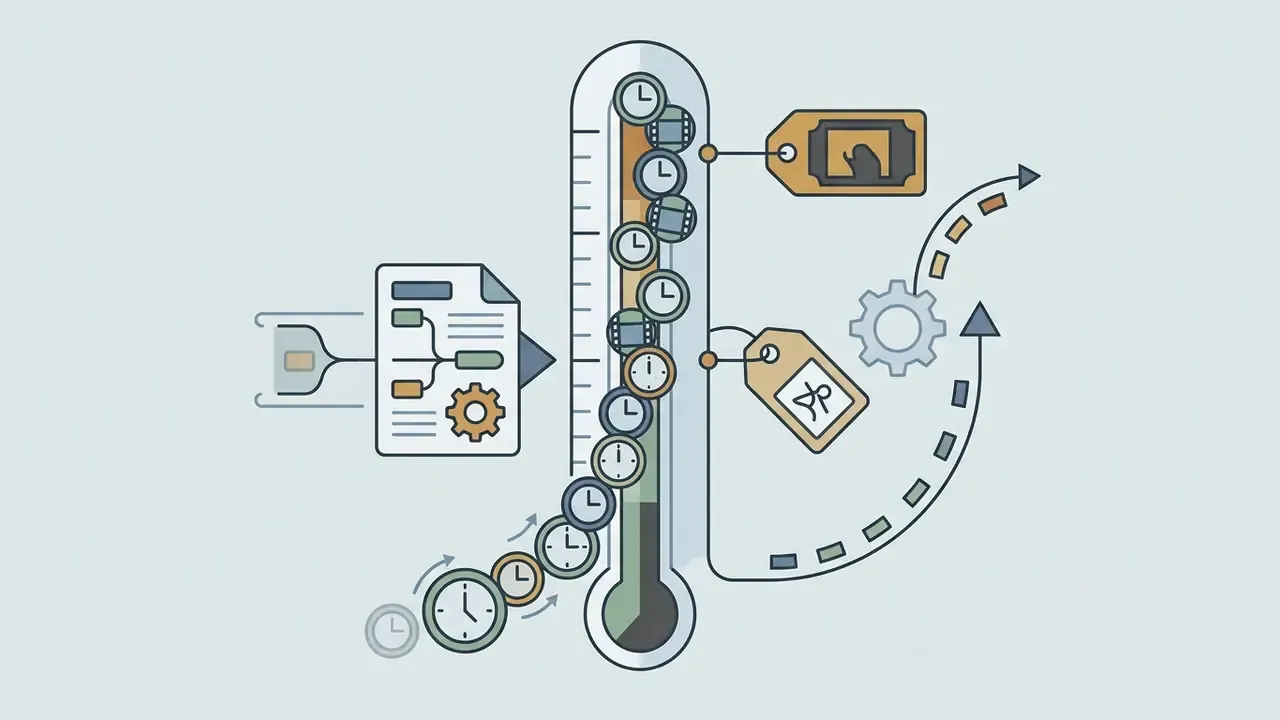 Thermometer gauge measuring film frame rates linked to price tags and a gear icon for AI video pricing