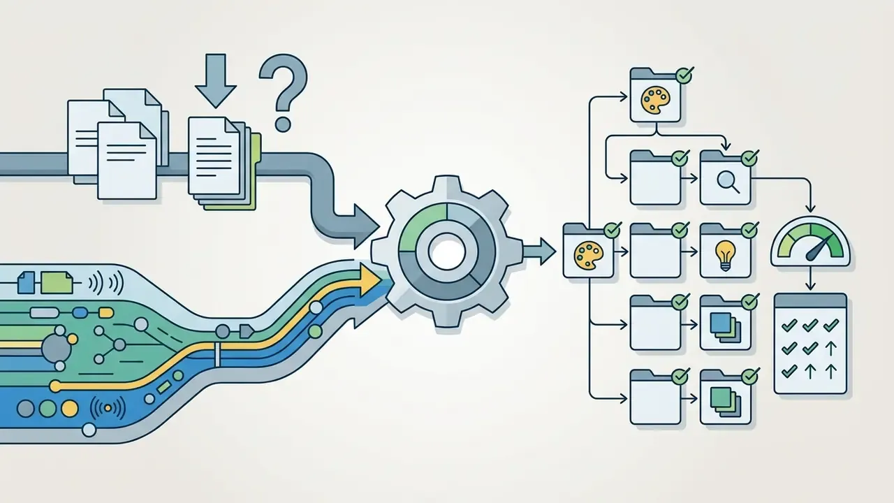Data streams and document icons merging through a central gear into a structured hierarchy of folders