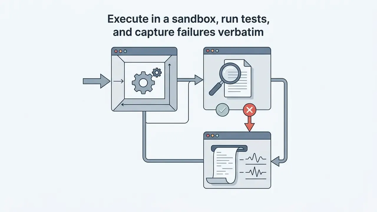 Software windows showing code execution, test inspection with a magnifying glass, and error logging
