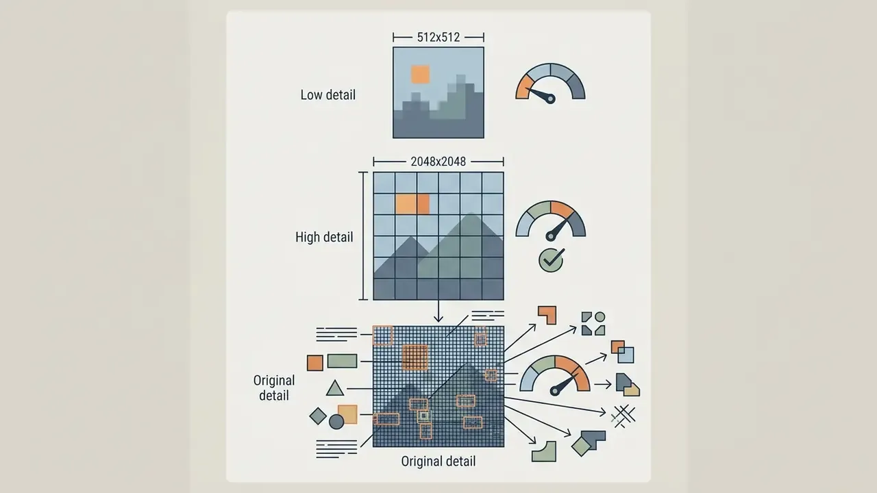 Visual representation of image processing levels showing low, high, and original detail resolution settings