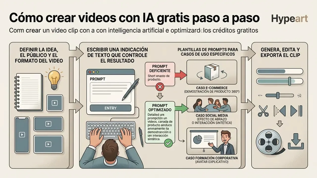 Flowchart illustrating the steps to crear videos con inteligencia artificial gratis using optimized prompts