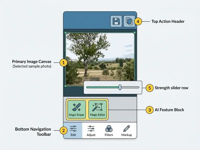 Annotated mobile interface displaying image canvas, AI tools, navigation tabs, and adjustment sliders