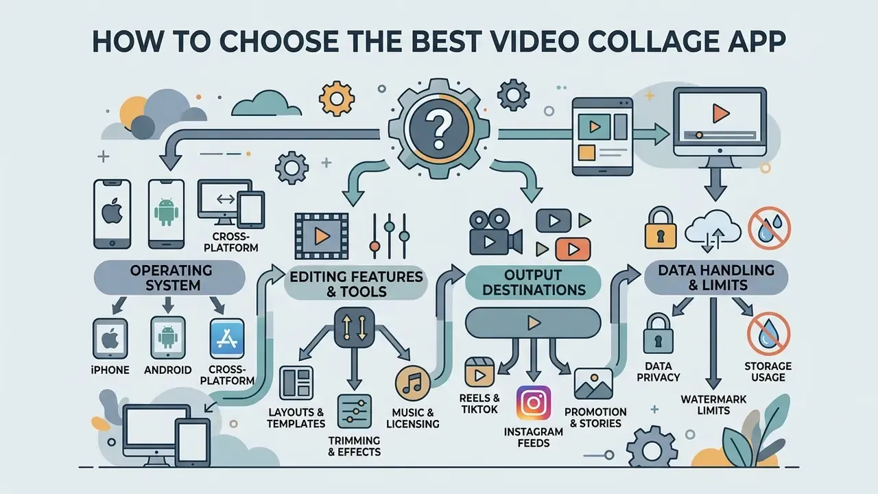 Flowchart outlining criteria for selecting a video collage app including operating systems, editing tools, and output formats