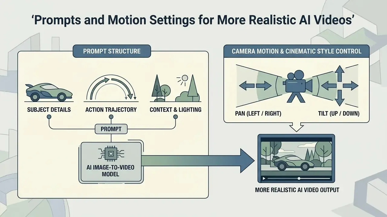 Diagram mapping prompt components and camera controls to the generation of a realistic AI video output