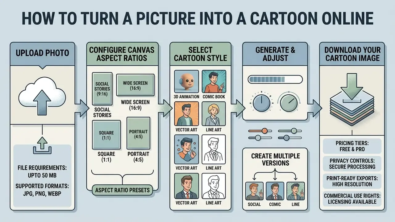Flowchart showing steps to upload, format, style, adjust, and download cartoon images from a photo