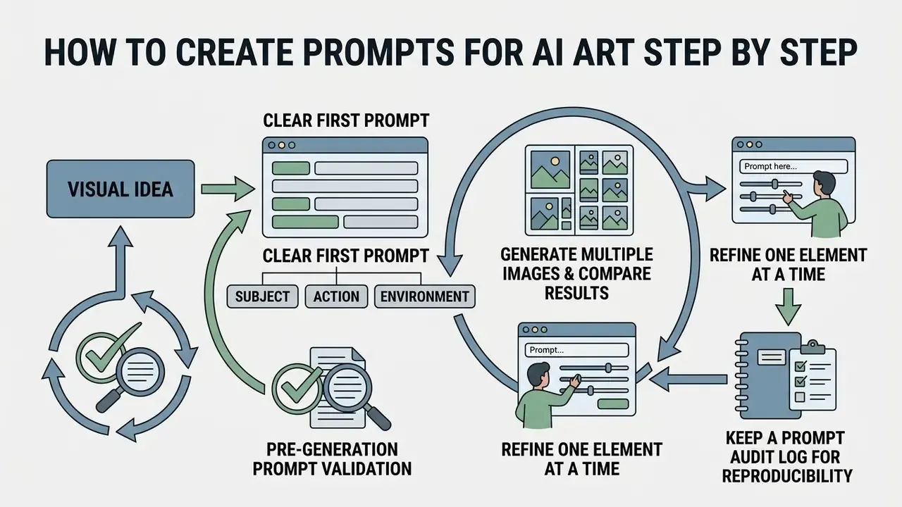 Diagram illustrating an iterative workflow for refining AI art prompts through testing and logging