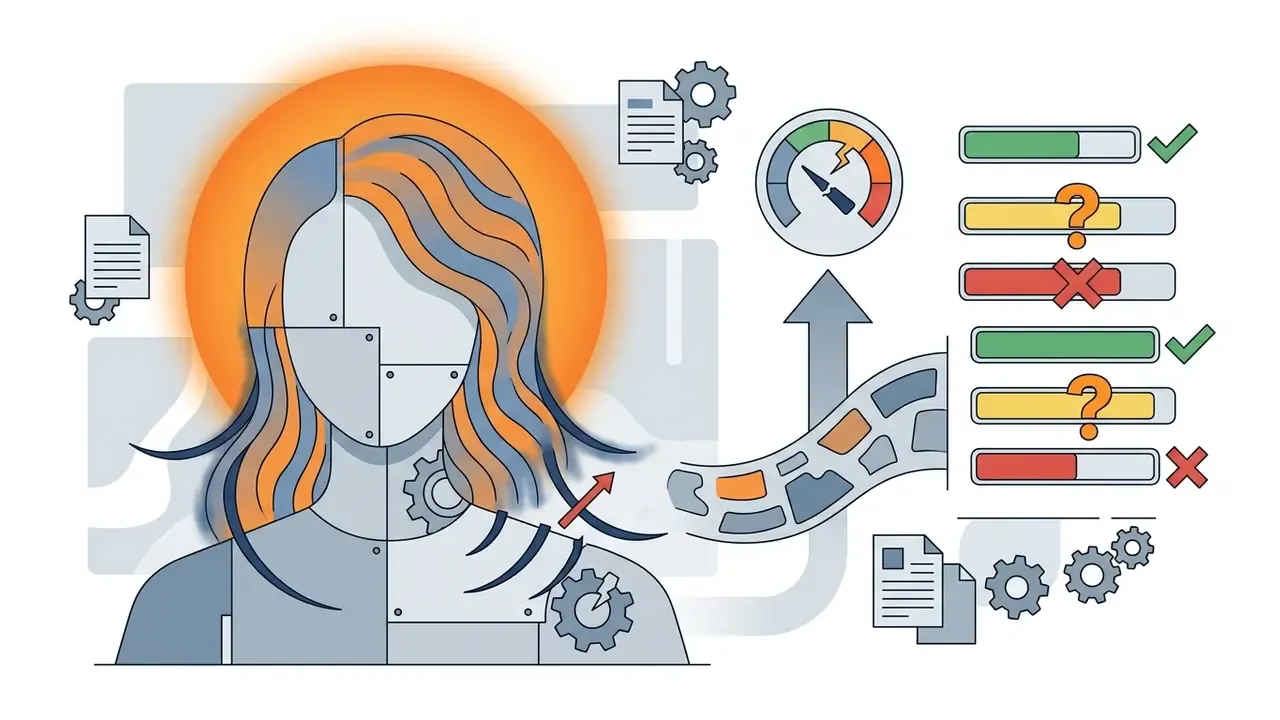Stylized human figure with hair artifacts and a status gauge indicating quality checks for AI headshots