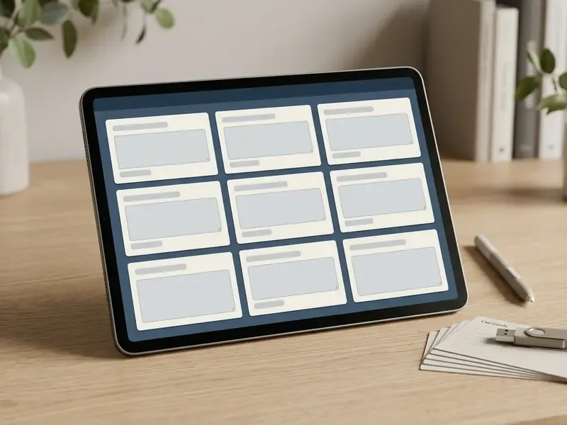 Tablet screen displaying a grid of nine blank text boxes for organizing memorial video content