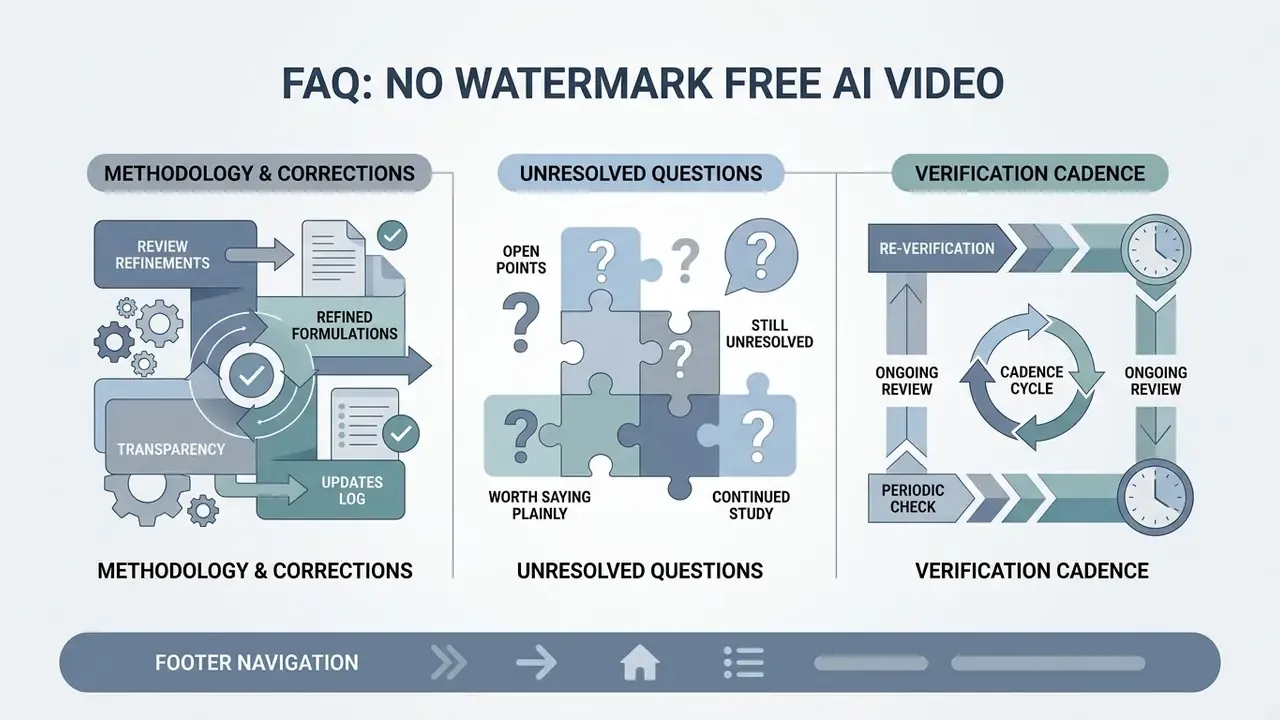 Summary of methodology, unresolved questions, and verification cadence for free AI video generator research