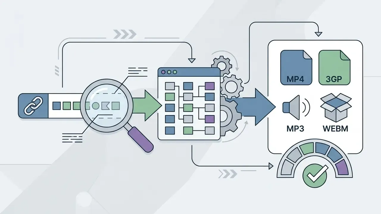 Diagram showing a URL being analyzed by a magnifying glass before conversion into various media formats
