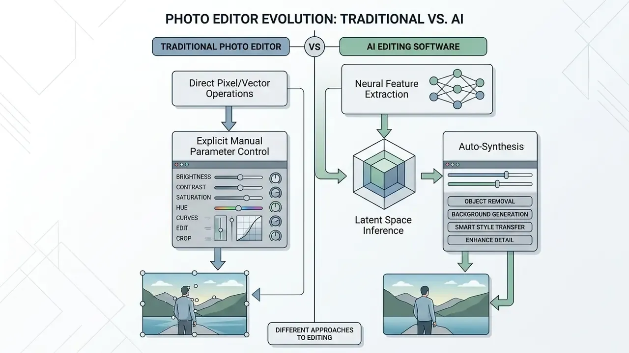 Comparison diagram showing manual parameter control in traditional editors versus AI latent space inference
