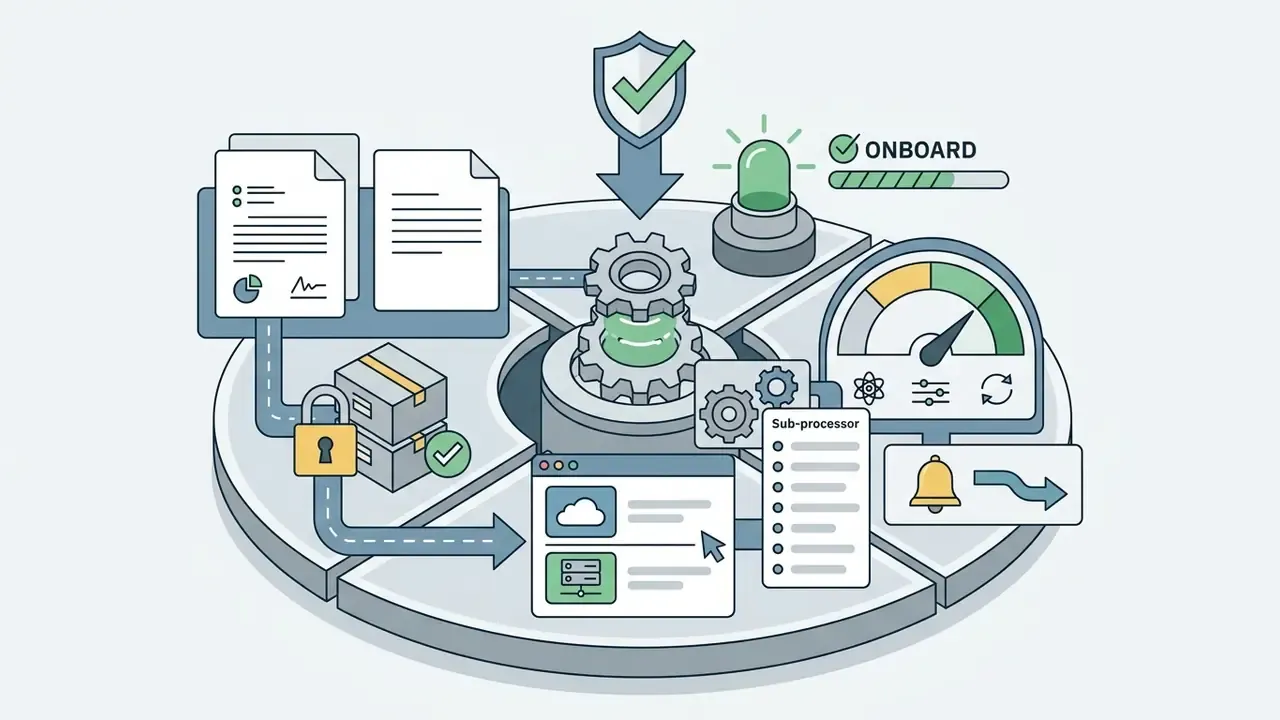 Documents and security icons feeding into a central gear system with a status gauge and notification bell