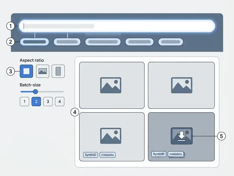 Annotated diagram of the ImageFX interface showing the prompt bar, keyword chips, and image output grid