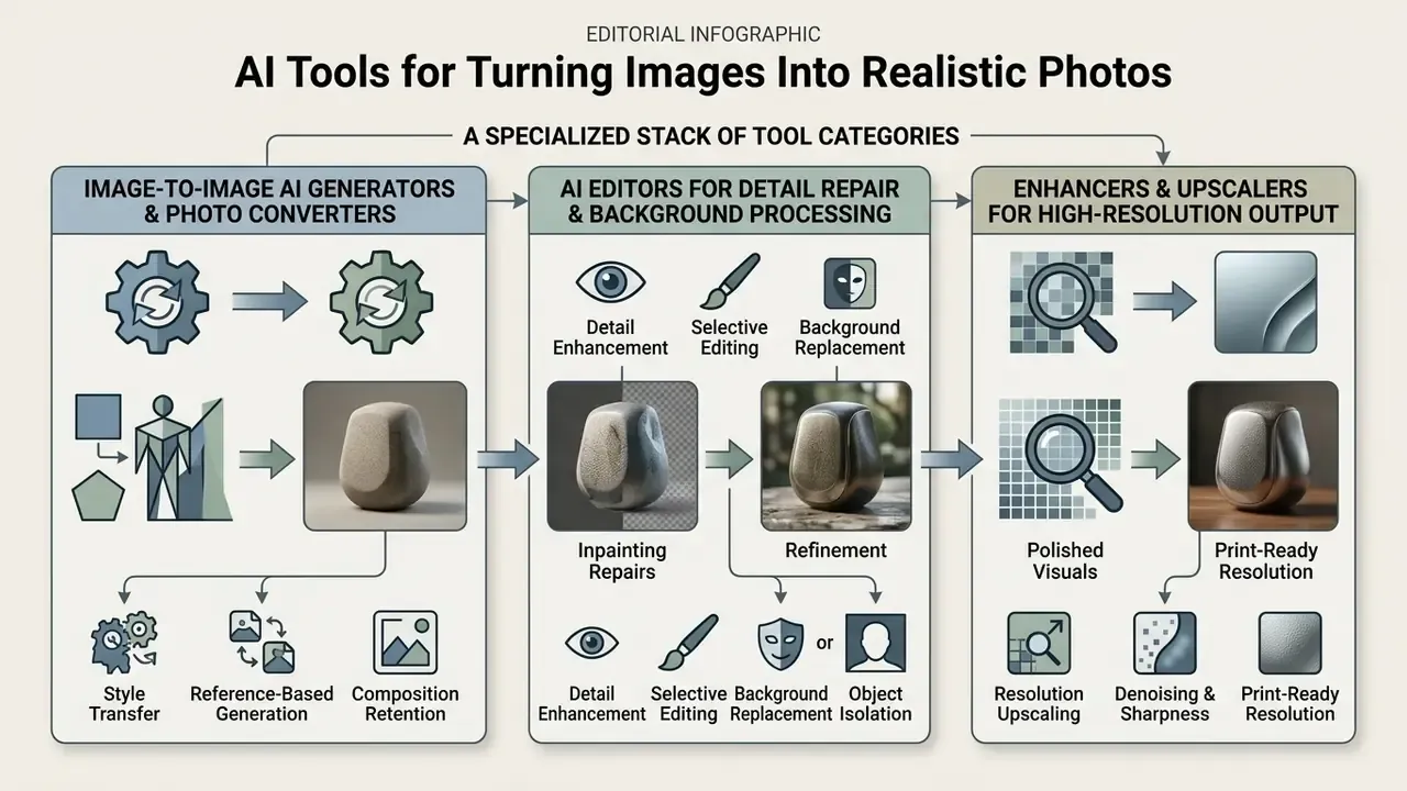 Three-stage workflow diagram showing how to make an AI photo more realistic through specialized tool stacks