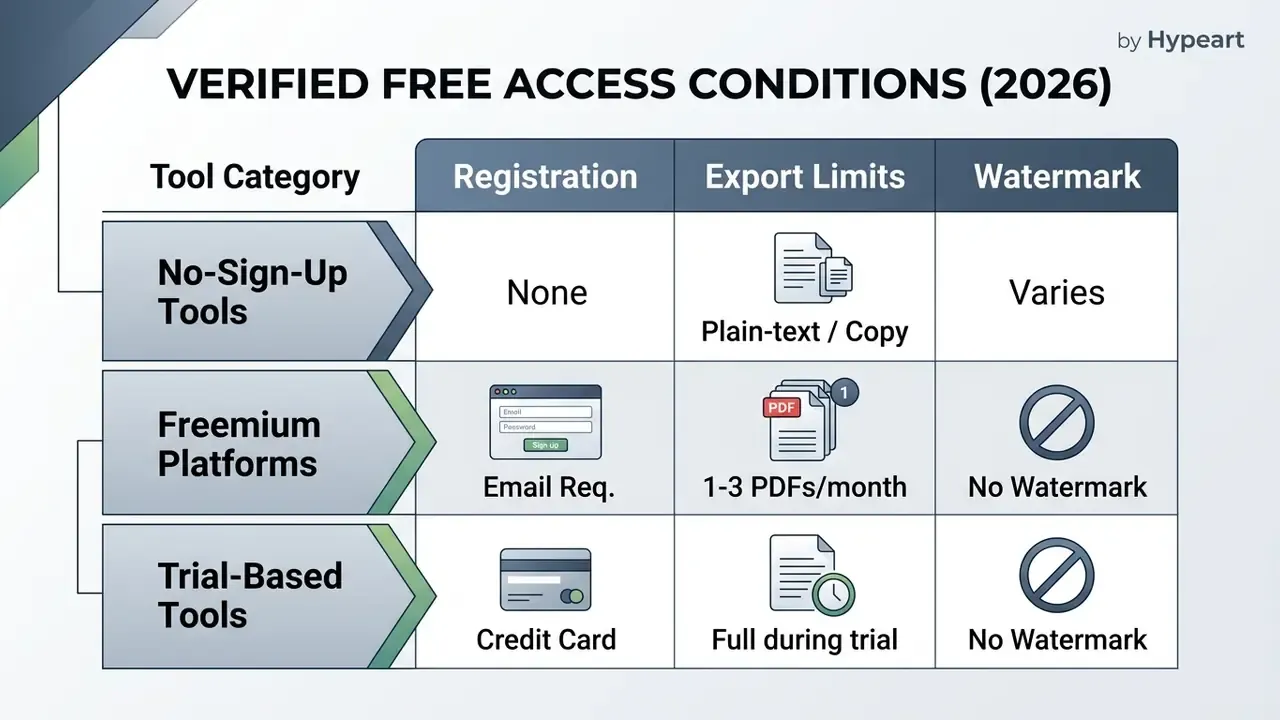 Comparison table outlining registration, export limits, and watermarking for different application tools