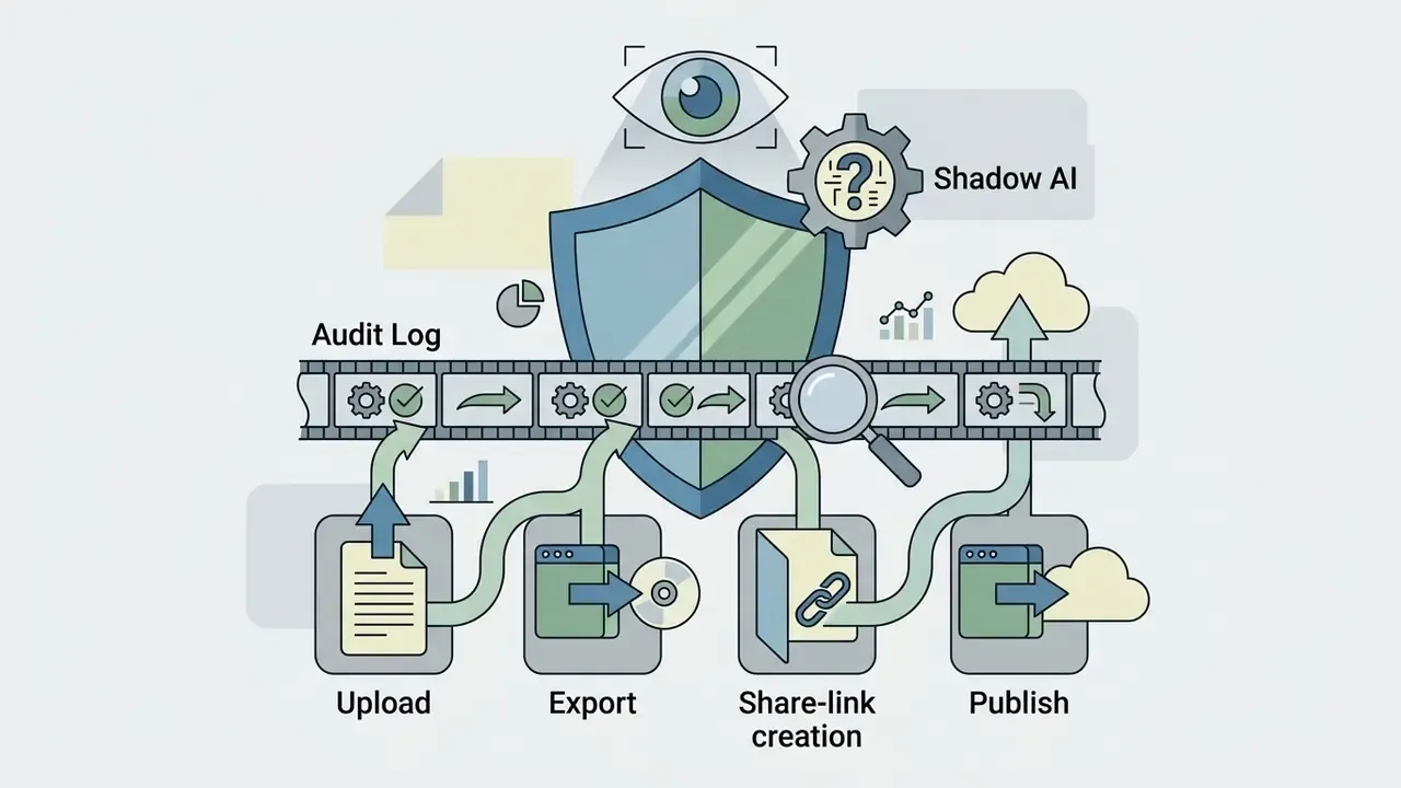 Shield icon monitoring a film strip audit log for upload, export, share-link creation, and publish actions