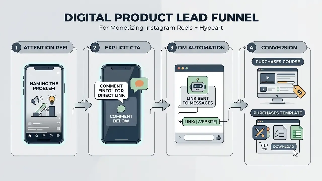 Four-step diagram showing how to monetize Instagram Reels by driving traffic to digital product sales