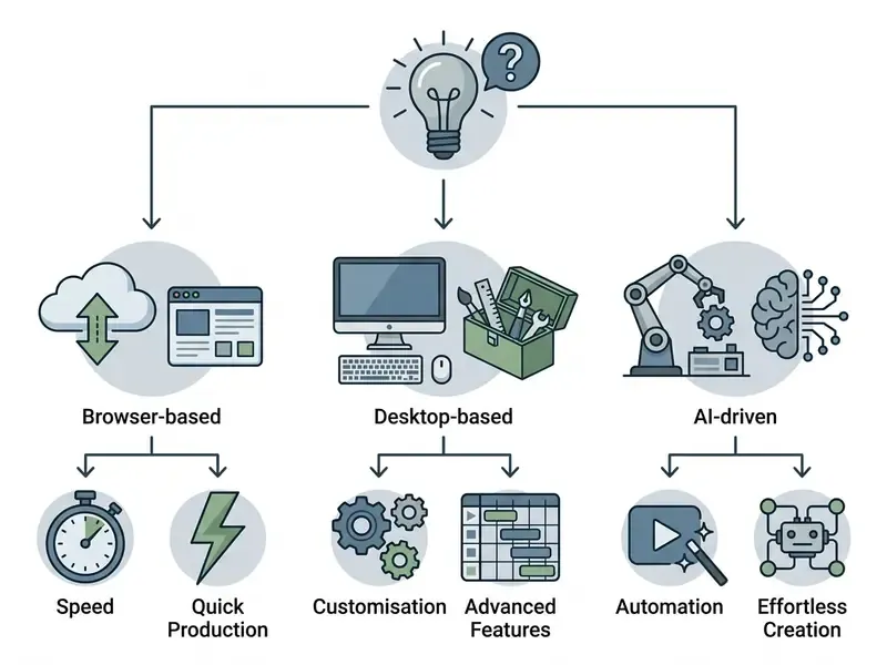 Decision tree linking browser, desktop, and AI software types to their core production benefits