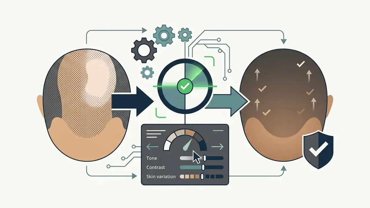 Two head profiles connected by a processing hub with sliders for adjusting scalp tone and contrast
