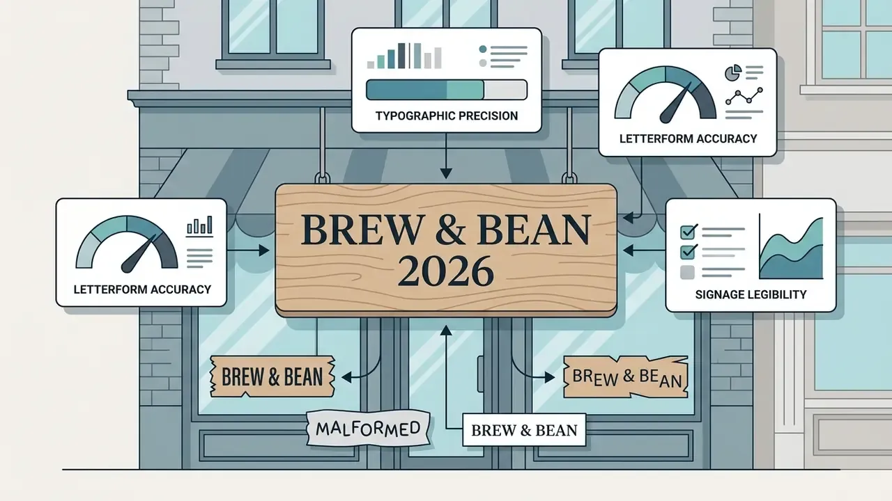 Coffee shop storefront with data panels measuring typographic precision and letterform accuracy