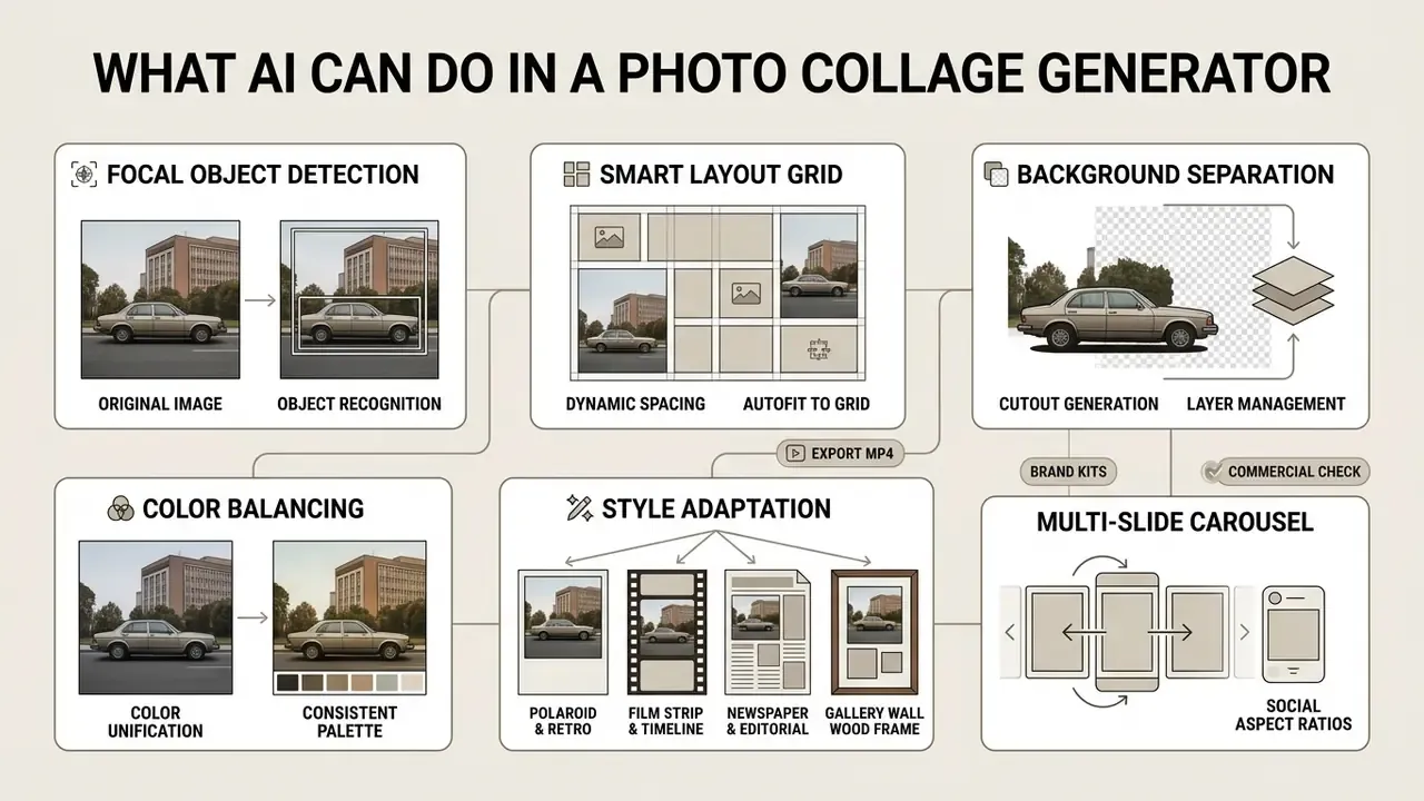 Infographic detailing automated technical functions like object detection, layout grids, and style adaptation