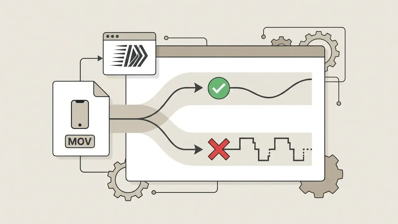 MOV file from a mobile device splitting into a smooth path with a checkmark and a stuttering path with an X