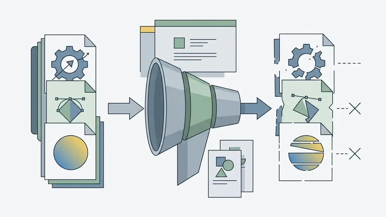 Documents with graphic elements passing through a funnel and emerging with damaged or missing parts