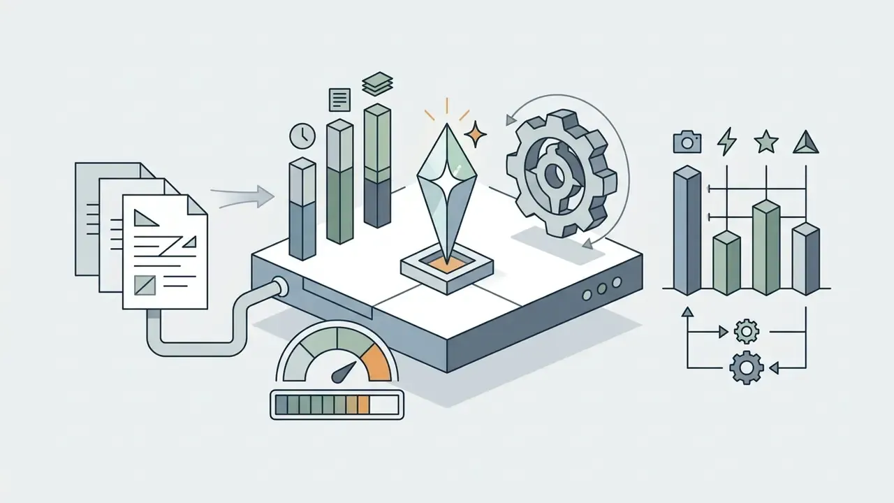 Documents feeding into a platform with a crystal, gear, and gauges representing usage and processing metrics