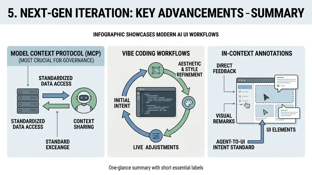 Three panels illustrating Model Context Protocol, vibe coding loops, and in-context UI annotation workflows