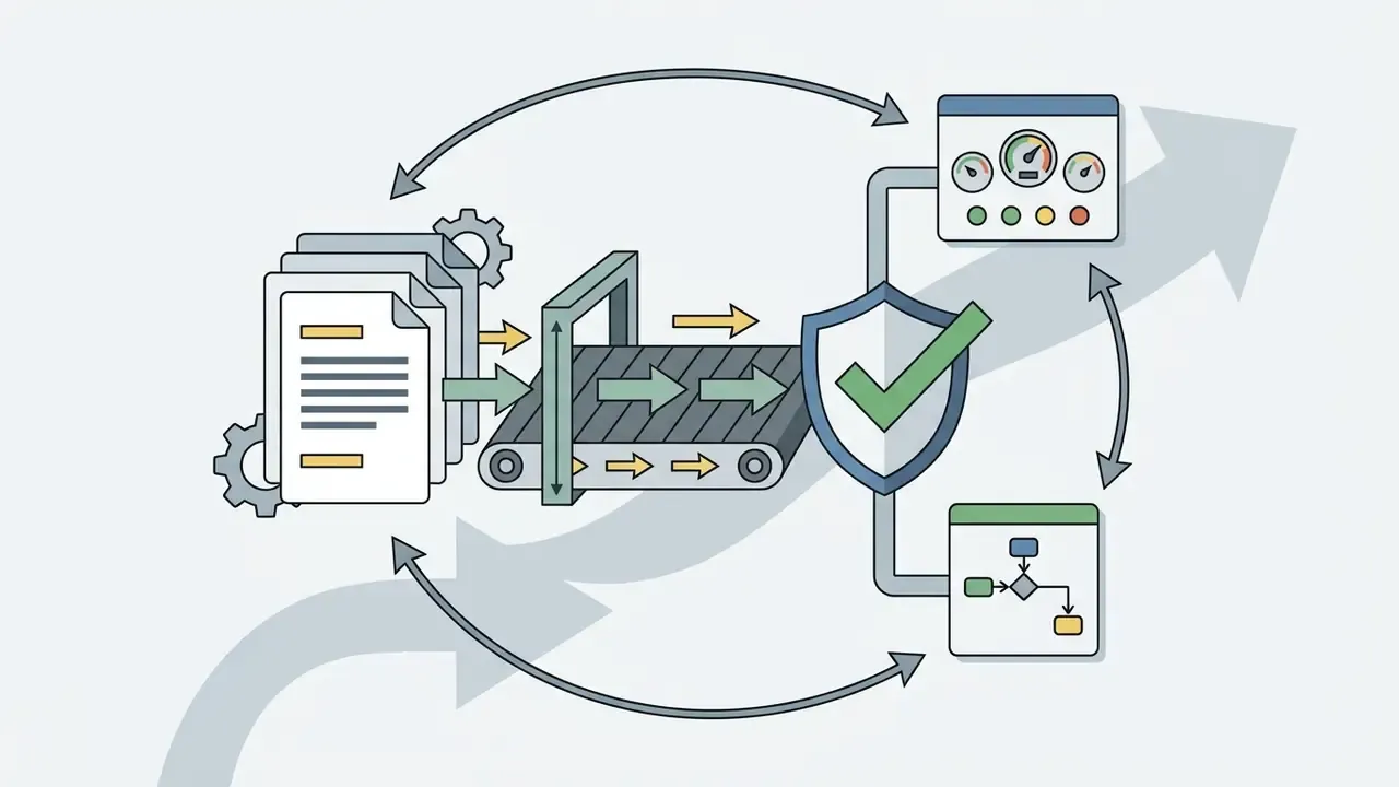 Documents moving on a conveyor belt through a shield icon toward monitoring gauges and process charts