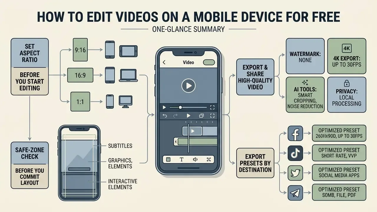 Step-by-step guide for video production showing aspect ratios, safe zones, export settings, and presets