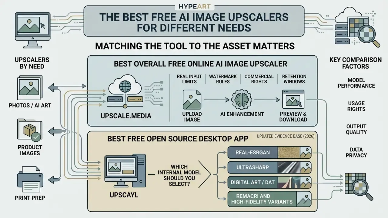 Infographic comparing online and desktop AI image upscalers by workflow, model types, and key features