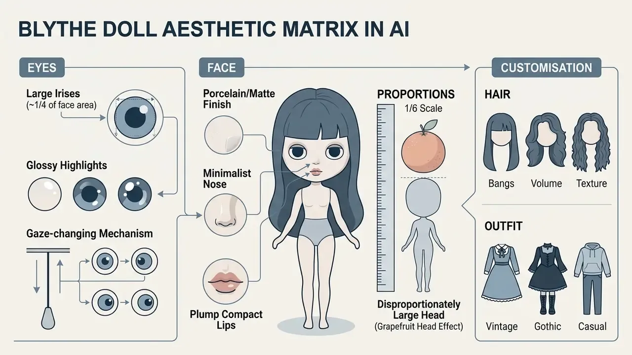 Detailed diagram outlining key Blythe doll traits like large eyes, facial features, and custom options