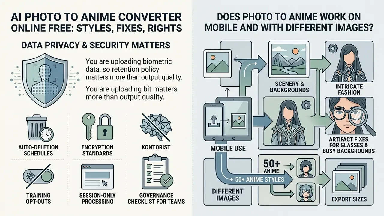 Summary of data privacy practices and mobile compatibility for an AI photo to anime converter