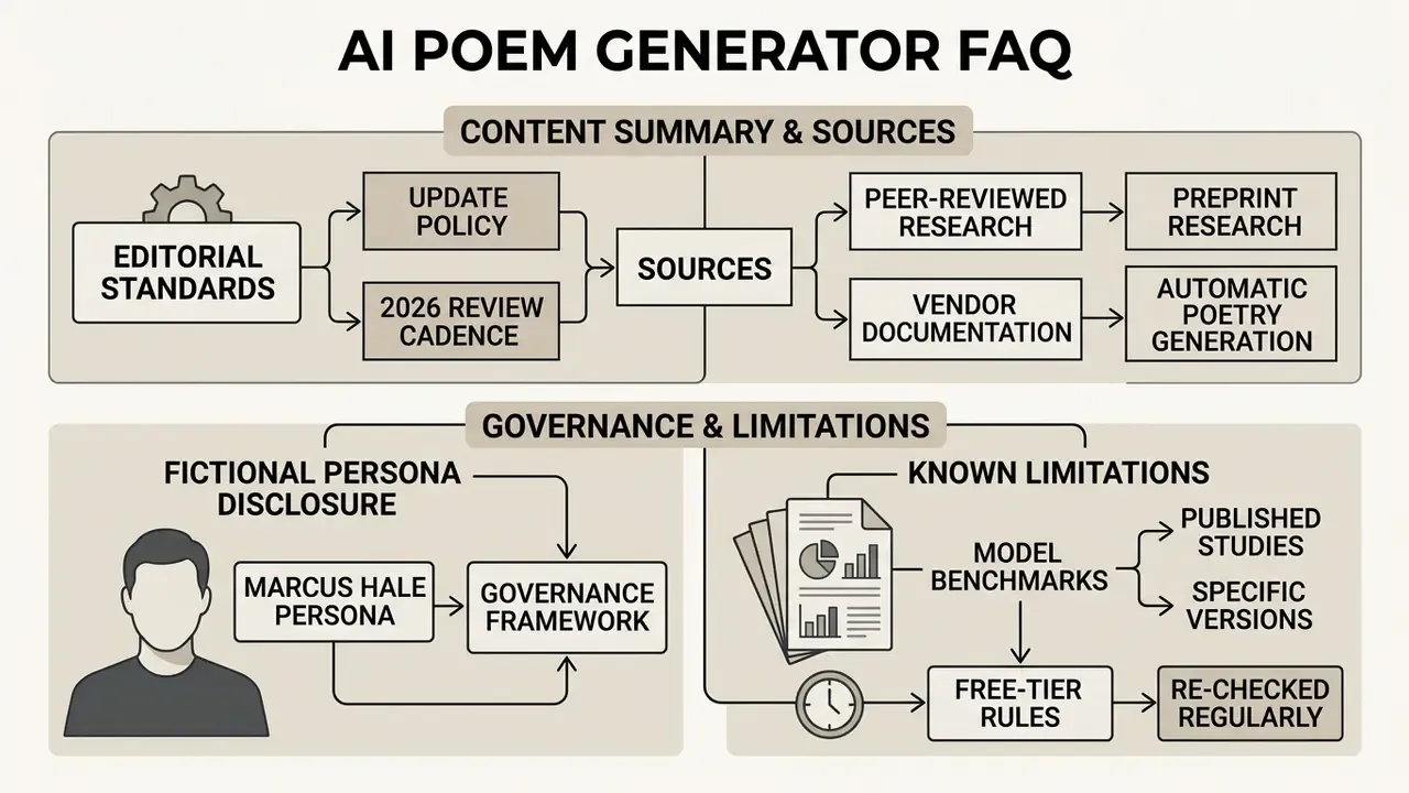 Diagram detailing editorial standards, research sources, persona disclosure, and model limitations