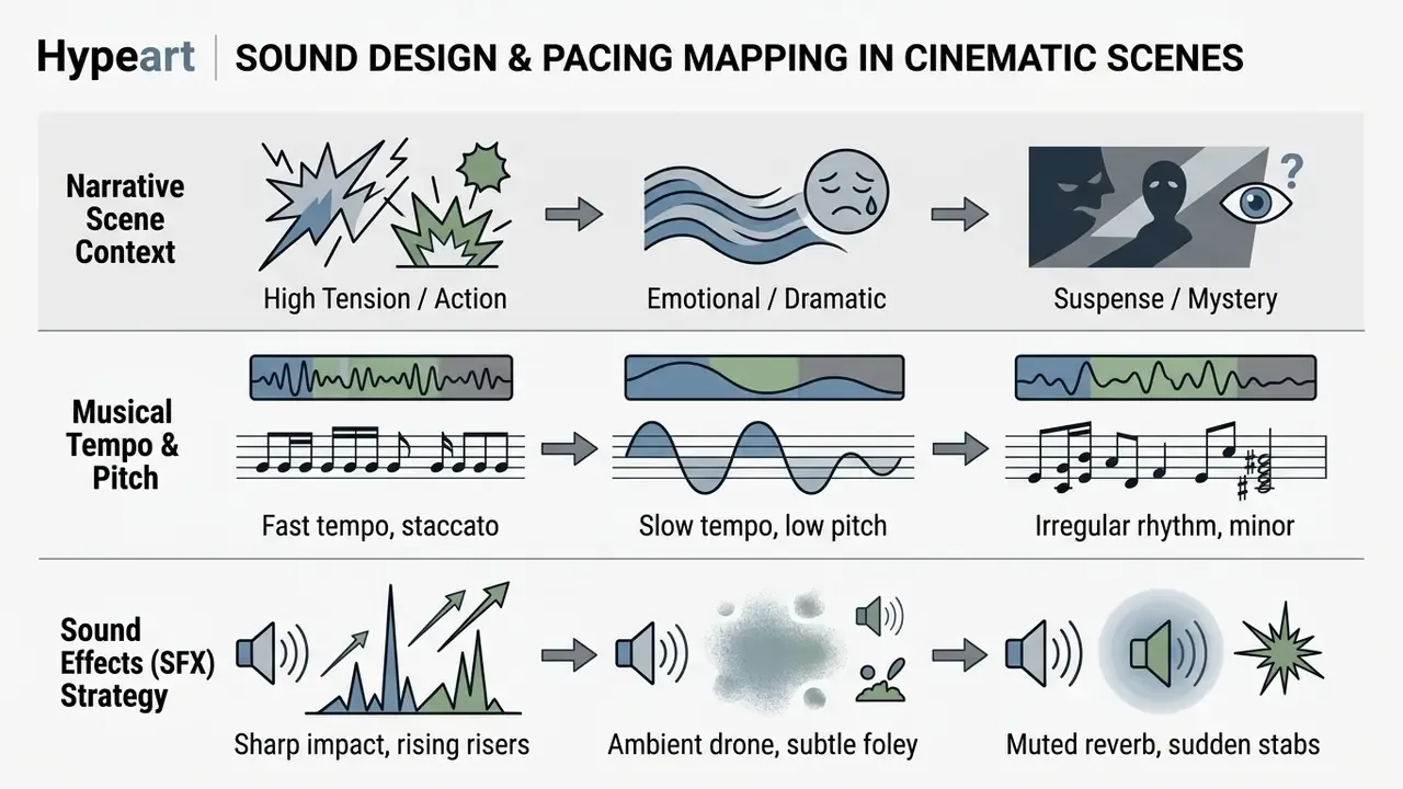 Matrix mapping narrative scene contexts to corresponding musical tempo, pitch, and sound effects strategies