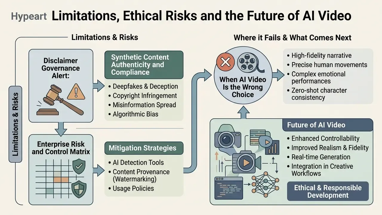 Flowchart outlining governance, risk mitigation strategies, and future trends for Text-to-Video AI