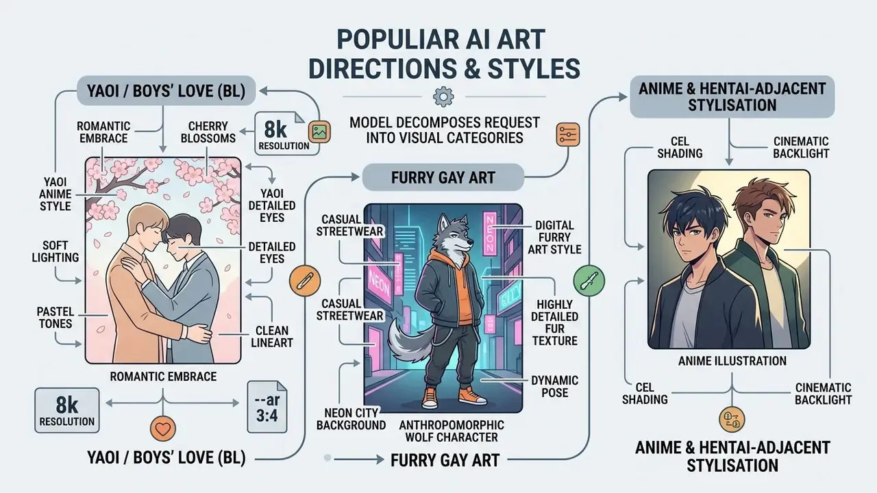 Diagram mapping prompt categories for a gay AI image generator to specific artistic styles and visual elements