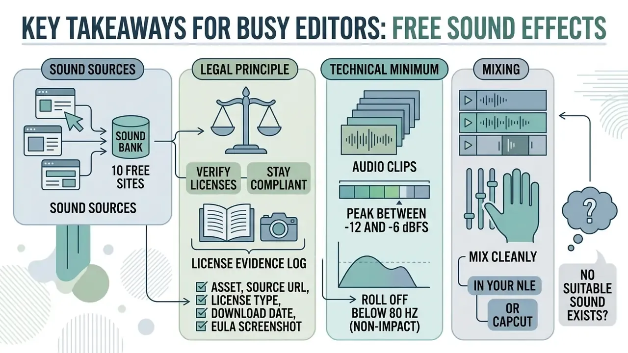 Infographic showing steps for sourcing, licensing, mixing, and logging free sound effects for video editing