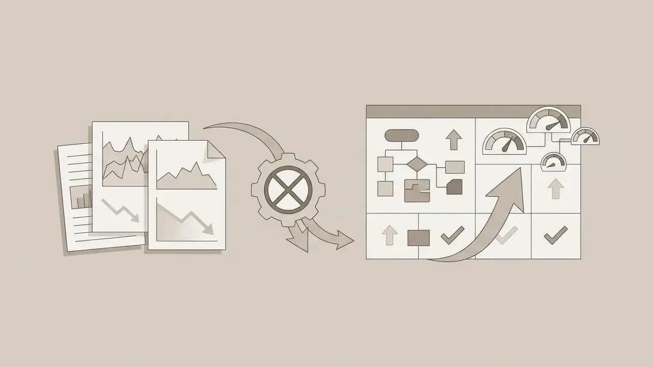 Documents with charts being processed through a gear into a dashboard showing test structures and gauges