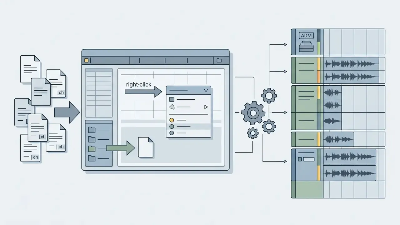 Files moving into a software interface and through a gear process to populate a multitrack audio timeline