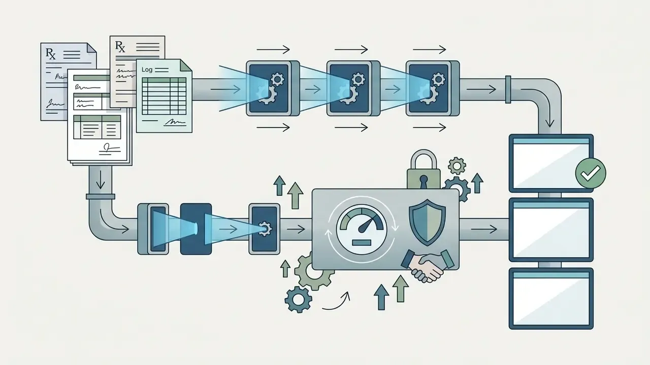 Clinical notes and prescriptions flowing through processing nodes into a secure database with compliance icons