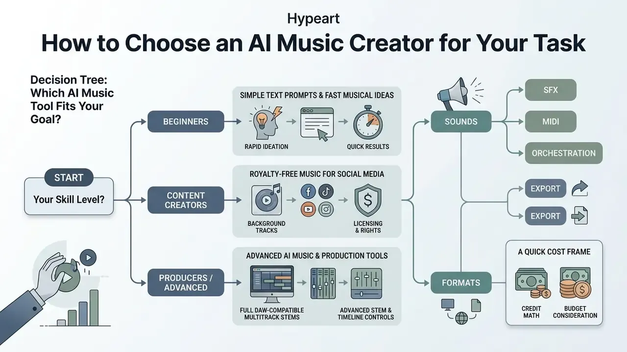 Decision tree infographic guiding users to the right AI music generator 2025 based on skill and project goals