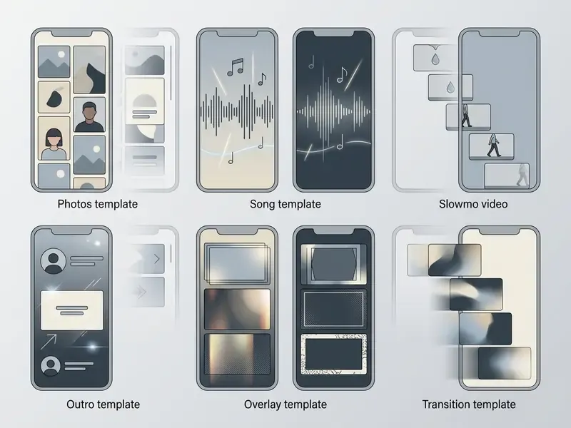 Grid of smartphone screens displaying various video editing formats like photo collages and audio waveforms
