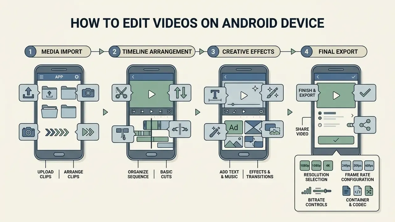 Four-stage workflow diagram showing media import, timeline arrangement, creative effects, and final export