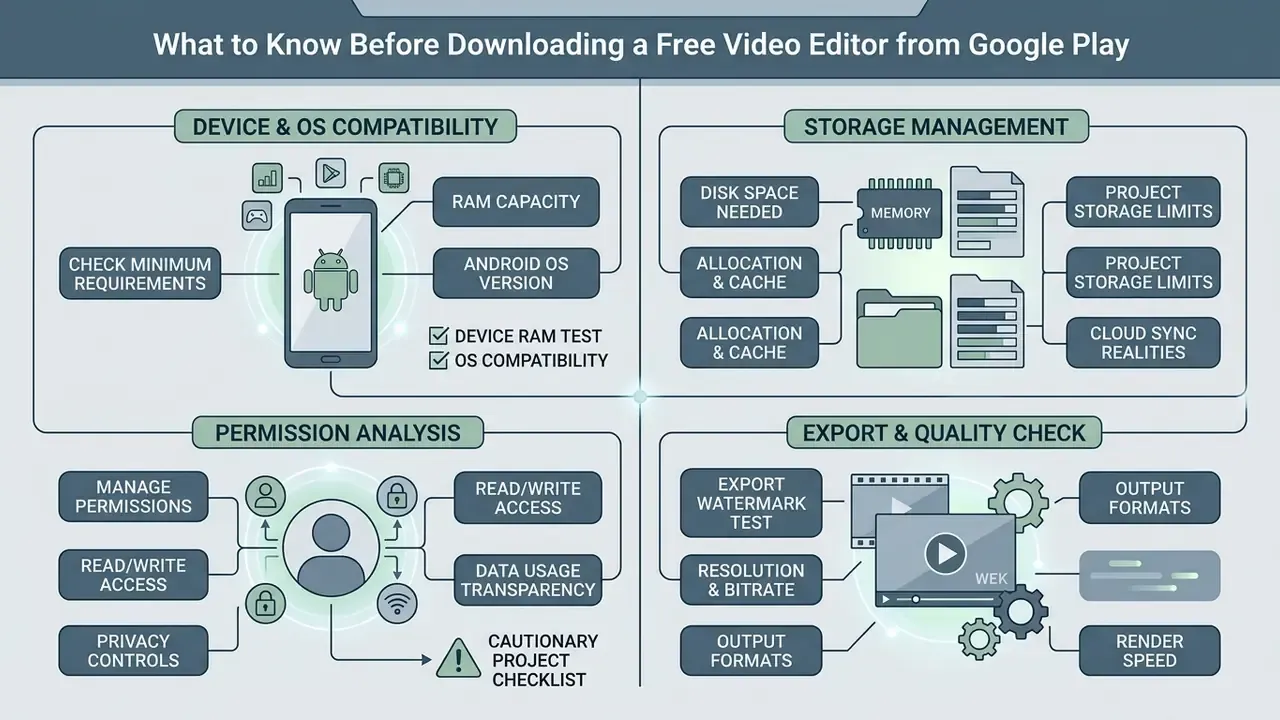 Four-quadrant diagram detailing device compatibility, storage, permissions, and export quality settings