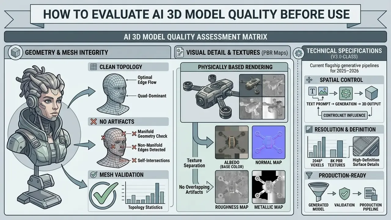 Infographic detailing criteria for geometry, texture, and technical standards in an AI 3D model generator