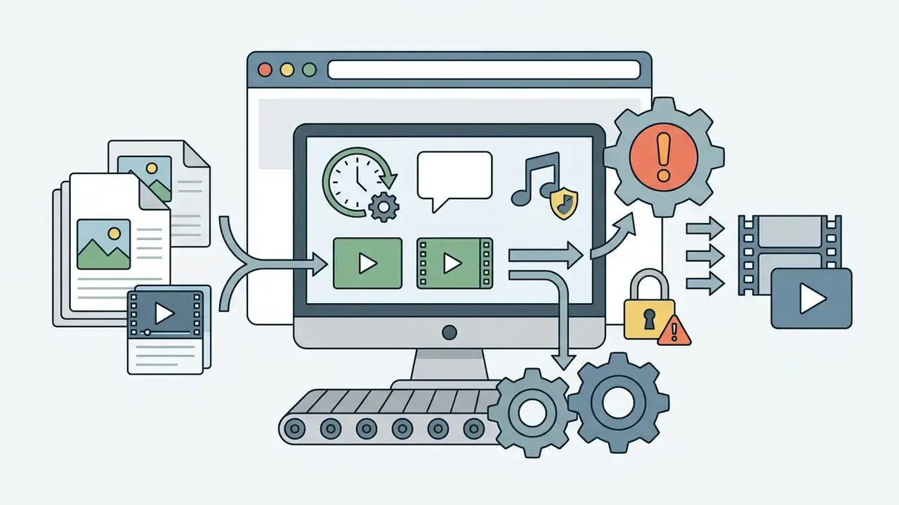 Browser interface processing image and video files into a final clip with security and editing icons