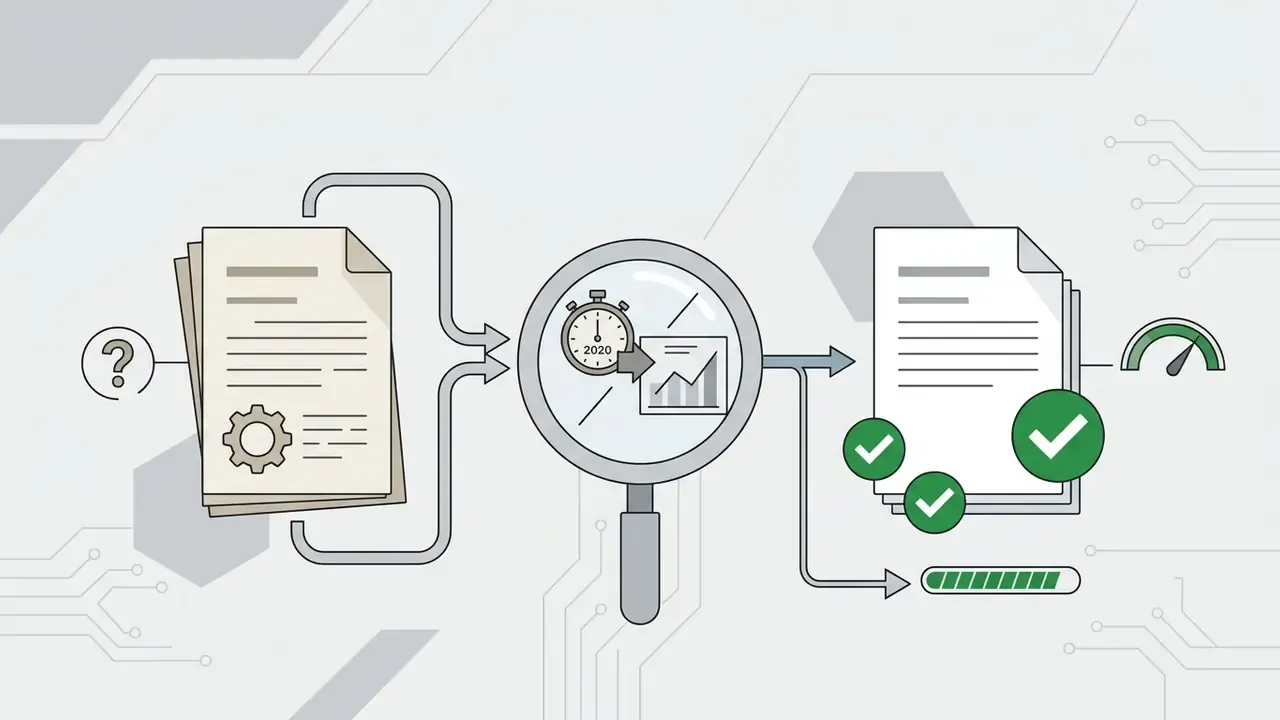 Document being reviewed with a magnifying glass to update data and confirm accuracy with checkmarks
