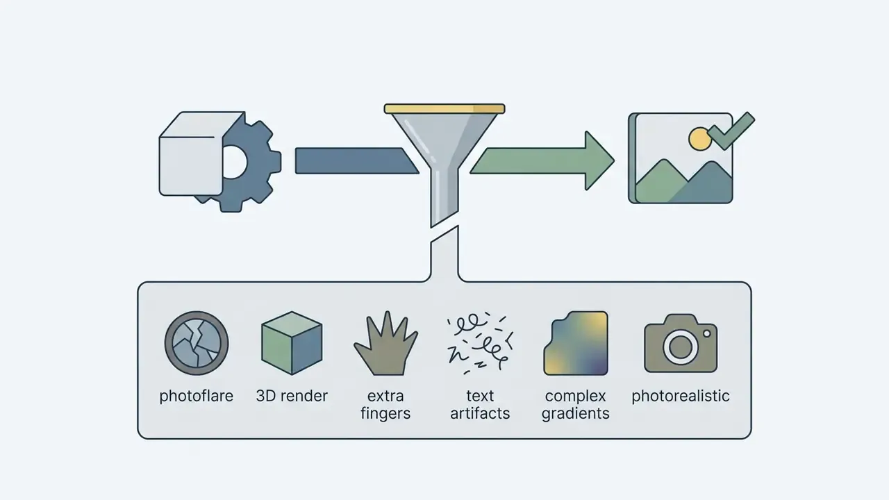 Funnel filtering unwanted visual elements like photoflare and artifacts from a creative image generation process
